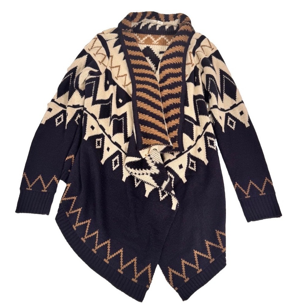 Cato Cardigan Women Medium Navy Tan Geometric Long Sleeve Open Front Sweater